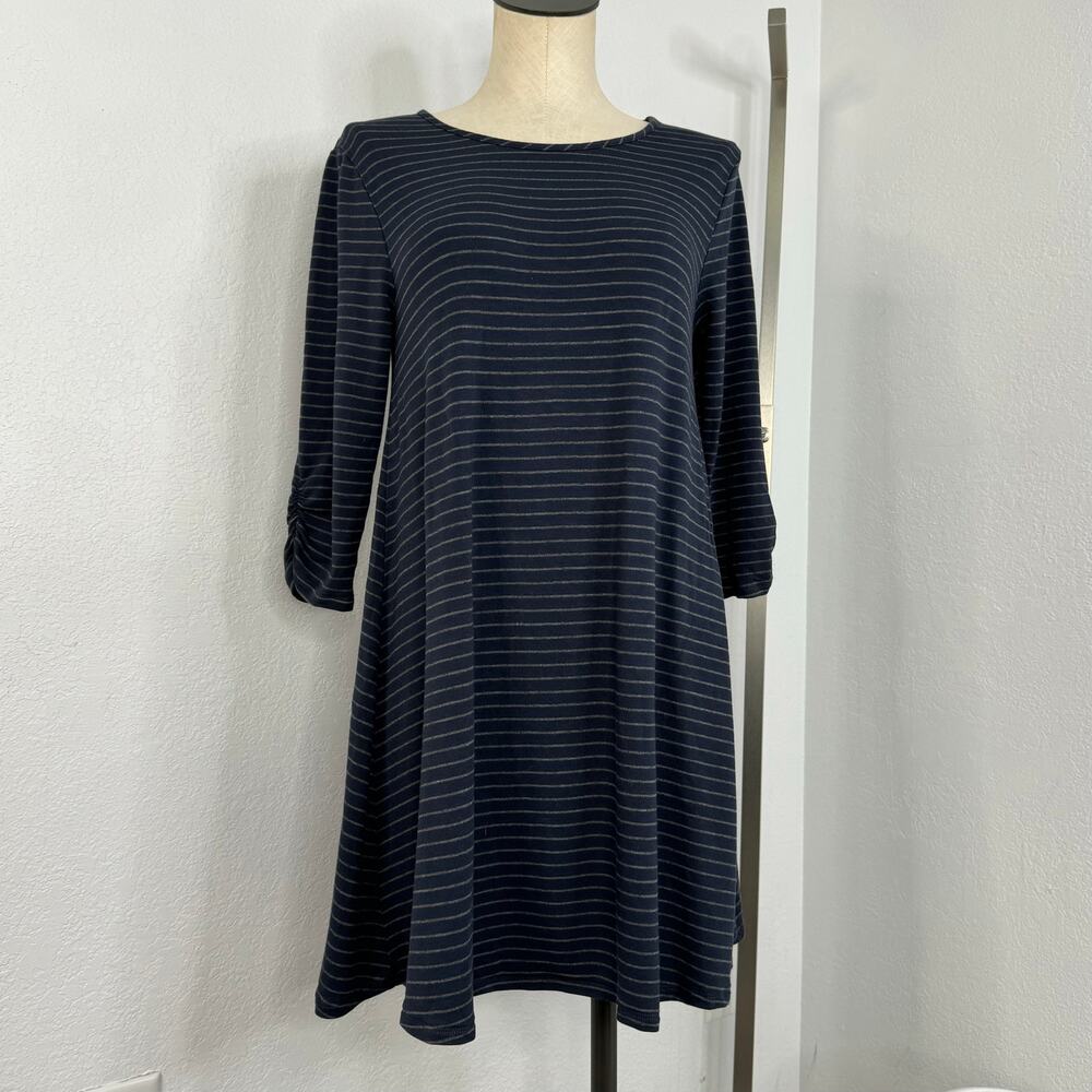 Garnet Hill Striped Mini T-Shirt Dress 3/4 Sleeves Navy Size Medium - Picture 2 of 8